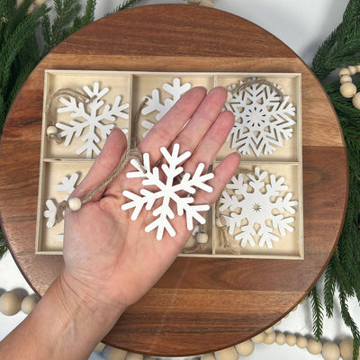 White Wooden Snowflake Ornaments (set of 18)