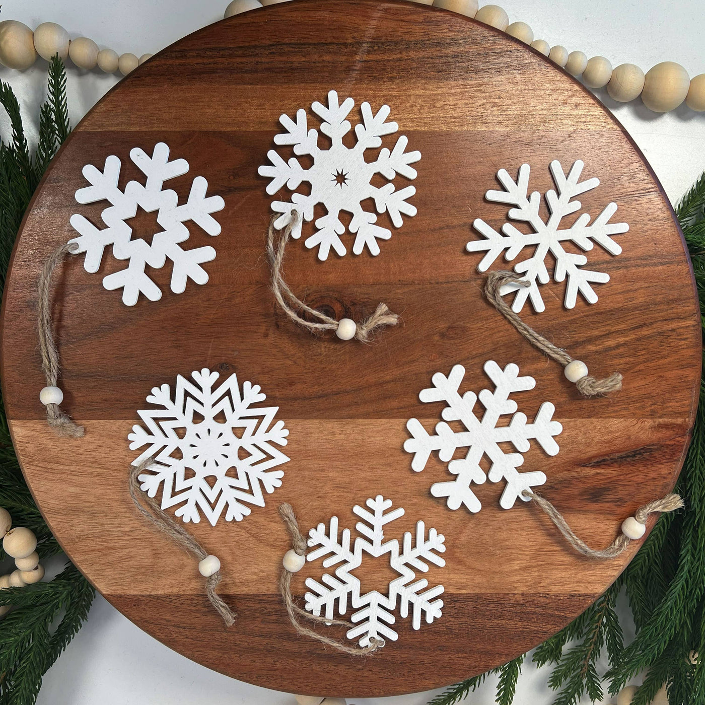 White Wooden Snowflake Ornaments (set of 18)