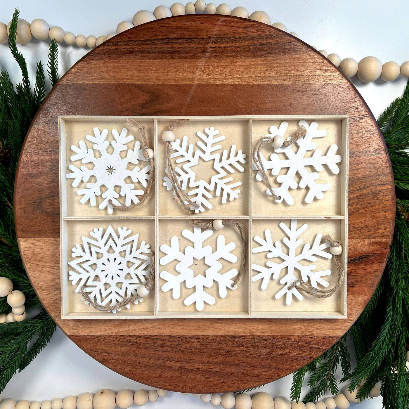 White Wooden Snowflake Ornaments (set of 18)