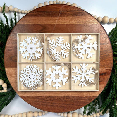 White Wooden Snowflake Ornaments (set of 18)