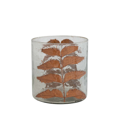 Glass Candle Holder with Embedded Leaves - Periwinkle Rose