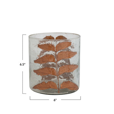 Glass Candle Holder with Embedded Leaves - Periwinkle Rose