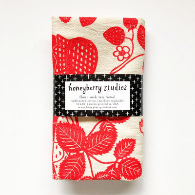 Honeyberry Studios Red Strawberry Flour Sack Tea Towel